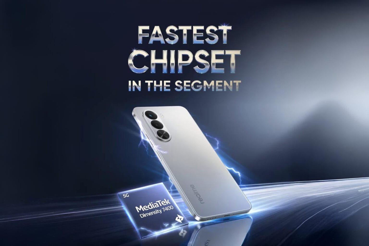 Silver Realme P4x smartphone next to a MediaTek Dimensity 7400 chip, set against a dynamic background with the text "Fastest Chipset in the Segment.