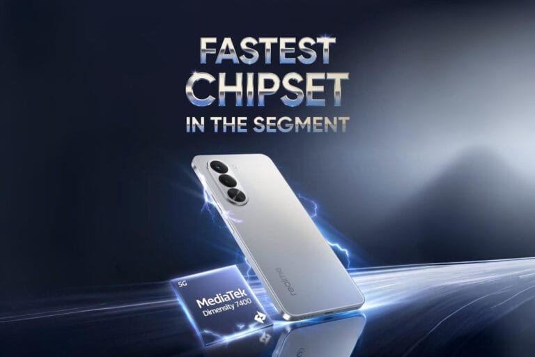 Realme P4x Price Leaked for India Launch on December 4 Silver Realme P4x smartphone next to a MediaTek Dimensity 7400 chip, set against a dynamic background with the text "Fastest Chipset in the Segment.
