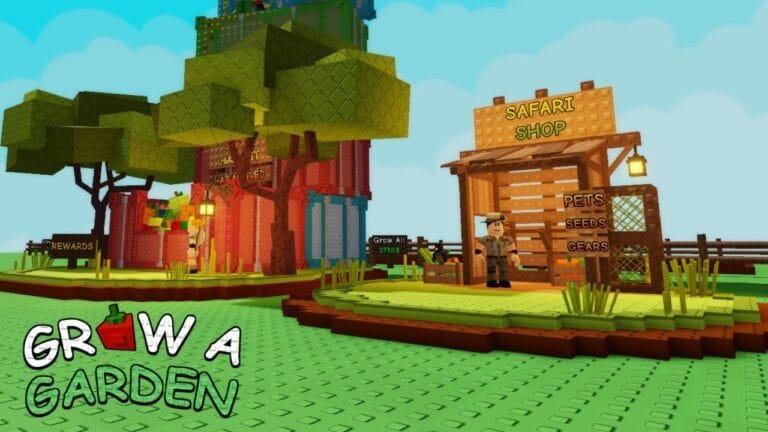 Safari Harvest Grow a Garden Plant Shop Guide and All New Plants Screenshot from Roblox game 'Grow a Garden' featuring the 'Safari Shop' with options for pets, seeds, and gears, next to a 'Rewards' area, all in a blocky, colorful style.