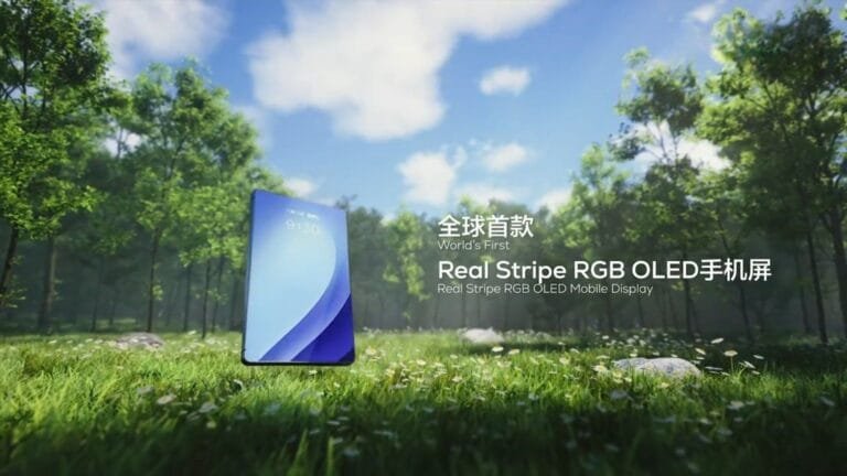 TCL Unveils Real Stripe RGB OLED Display with Enhanced Clarity and Efficiency Promotional image of TCL's Real Stripe RGB OLED display, showing a floating smartphone in a grassy field. The screen highlights its status as the 'World's First' with this technology.