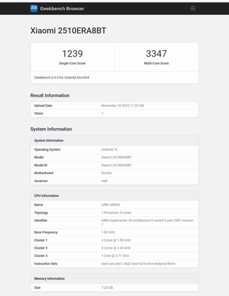 Geekbench listing details for the Redmi Note 15 Pro+, showing benchmark scores, processor information, and system specifications.