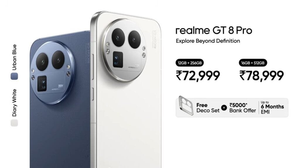 Image of the Realme GT 8 Pro showcasing its swappable camera module design in Diary White and Urban Blue color options. Pricing starts at ₹72,999.