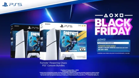 Early Black Friday Deals on PlayStation Games and Gear: DualSense Controllers Hit Record Lows Image promoting Black Friday deals games, featuring the PlayStation 5 'Fortnite Flowering Chaos' bundle with exclusive in-game content.