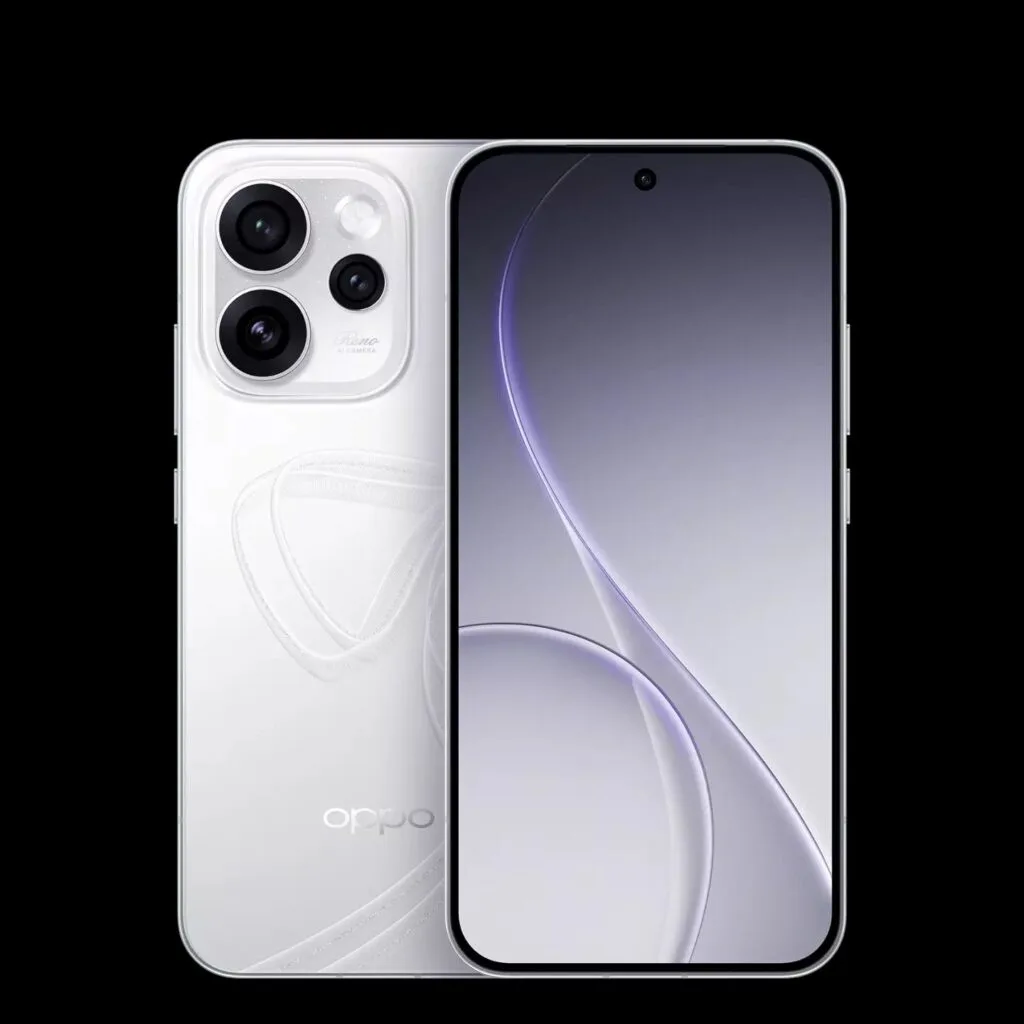 Oppo Reno 15 Close-up of the white Oppo Reno 15, showcasing its triple-lens camera and sleek design.