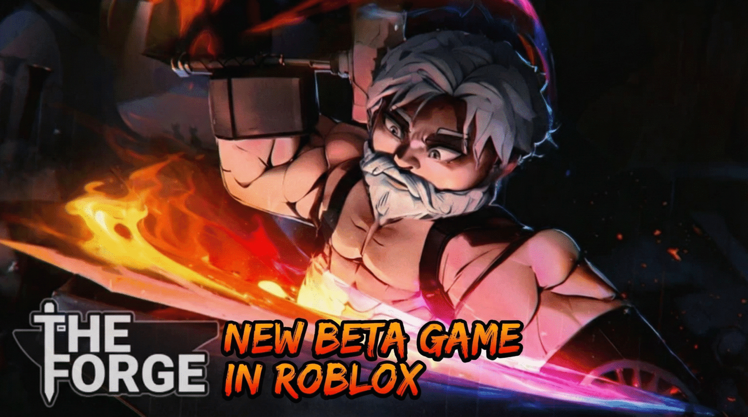 Promotional art for 'The Forge' on Roblox. A blacksmith figure is shown forging a weapon, surrounded by fire and the game's logo.