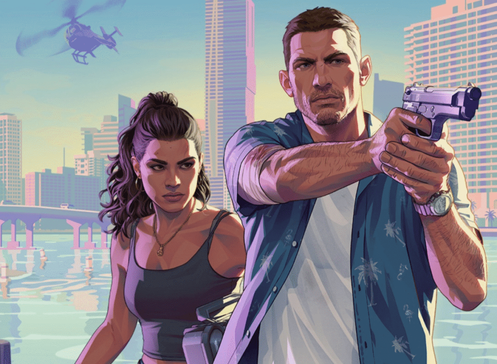 GTA 6 artwork showing the main characters in a Miami-inspired setting.