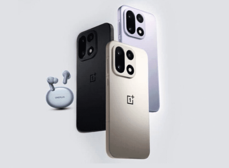 Image of the OnePlus 15 smartphone in Sand Storm, Infinite Black, and Ultra Violet colors, accompanied by OnePlus Nord Buds.