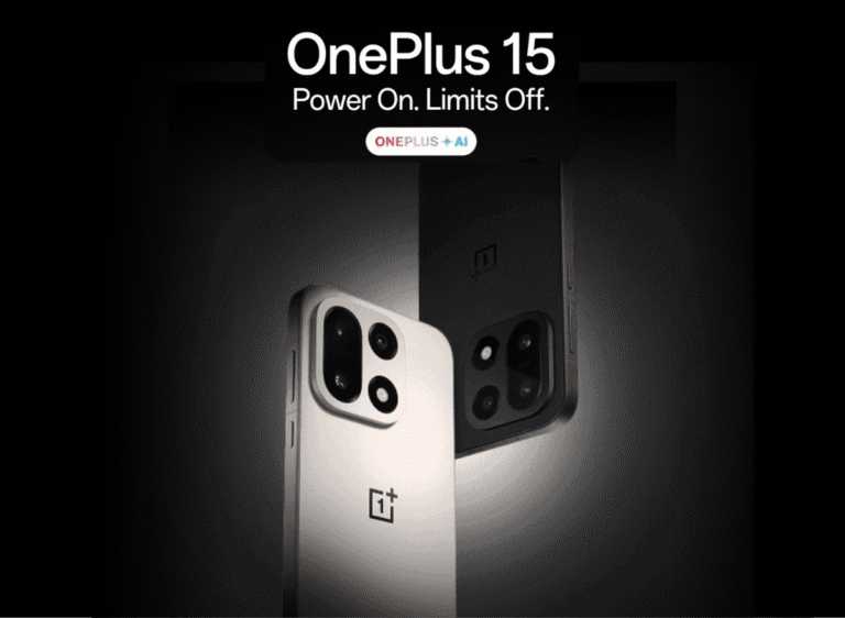 Close-up of the OnePlus 15 in Sandstone and Black, highlighting its camera design.