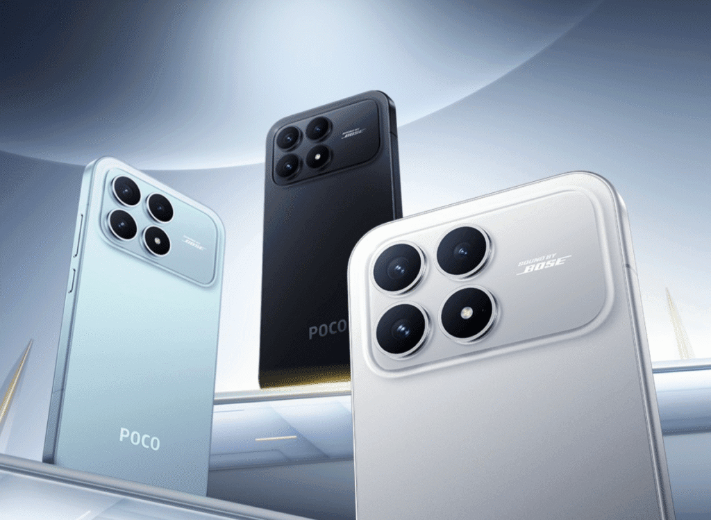 Poco F8 Pro Arrives in the Philippines with a Starting Price of ₱26,299 Close-up of the Poco F8 Pro's rear design, highlighting the camera module and color variations: light blue, black, and white.