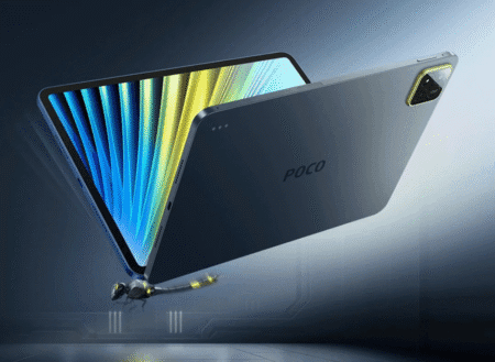 The Poco Pad X1 tablet is shown floating open, revealing a bright, colorful screen. A dragonfly is positioned near the hinge, symbolizing lightness and agility. The tablet’s dark blue back with the POCO logo and rear camera module is visible.