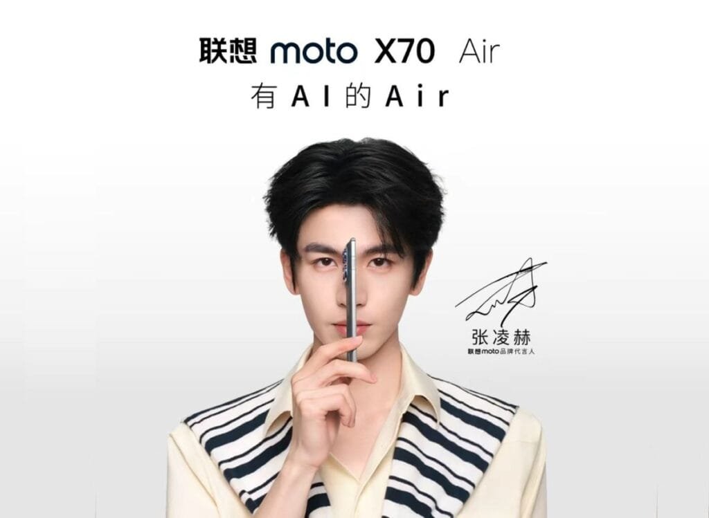 Advertisement for the Lenovo moto X70 Air. A young man holds the phone vertically, partially covering his face. His signature is displayed next to him.