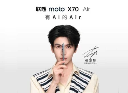 Motorola X70 Air | 6.67″ OLED Display, Snapdragon 7 Gen 4, and 4800mAh Battery Advertisement for the Lenovo moto X70 Air. A young man holds the phone vertically, partially covering his face. His signature is displayed next to him.