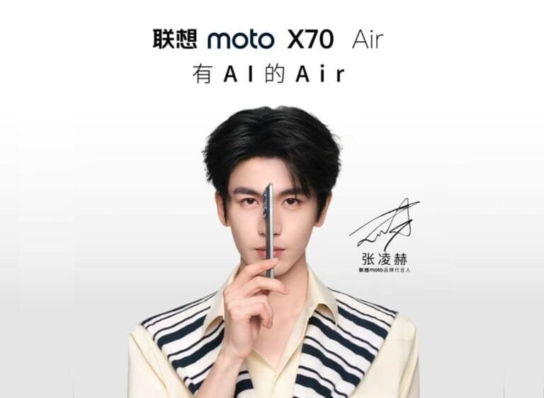 Advertisement for the Lenovo moto X70 Air. A young man holds the phone vertically, partially covering his face. His signature is displayed next to him.