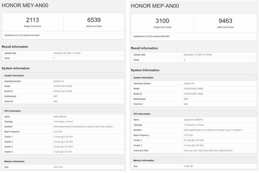 Geekbench 6.3.0 result showing a single-core score of 2113 and a multi-core score of 6539. The device runs on Android 16, powered by an ARM SM8735 processor with 8 cores (2 cores @ 2.02 GHz, 2 cores @ 2.80 GHz, 3 cores @ 3.01 GHz, and 1 core @ 3.21 GHz). The test was uploaded on November 5, 2025, with 14.91 GB of memory.