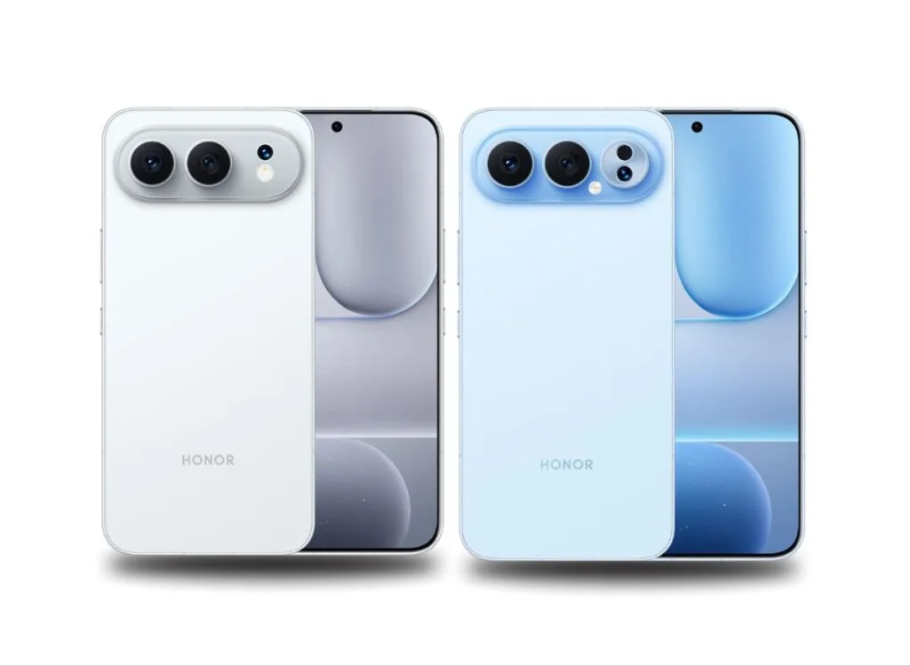 Side-by-side view of the Honor 500 (left, white) and Honor 500 Pro (right, blue), showcasing their flat displays with hole-punch cutouts and horizontal camera modules.