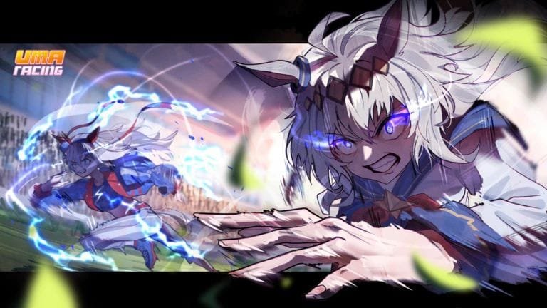 Action-packed illustration from Uma Racing, featuring an anime-style horse girl racer with electric effects.