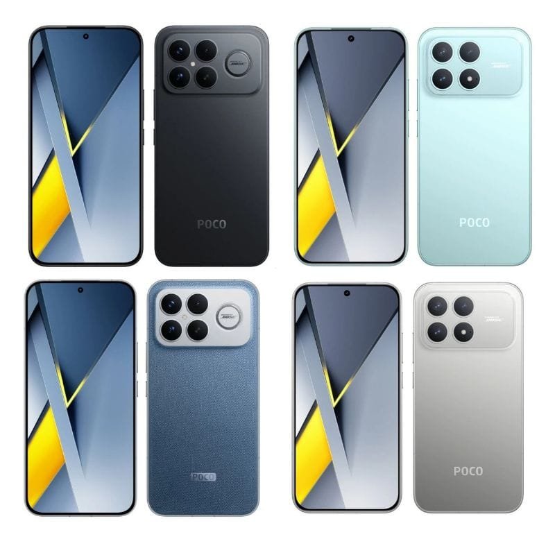Image showcasing four different color variants of a POCO smartphone: black, light blue, denim blue, and silver. The phones feature a distinctive rear camera design and the POCO logo.