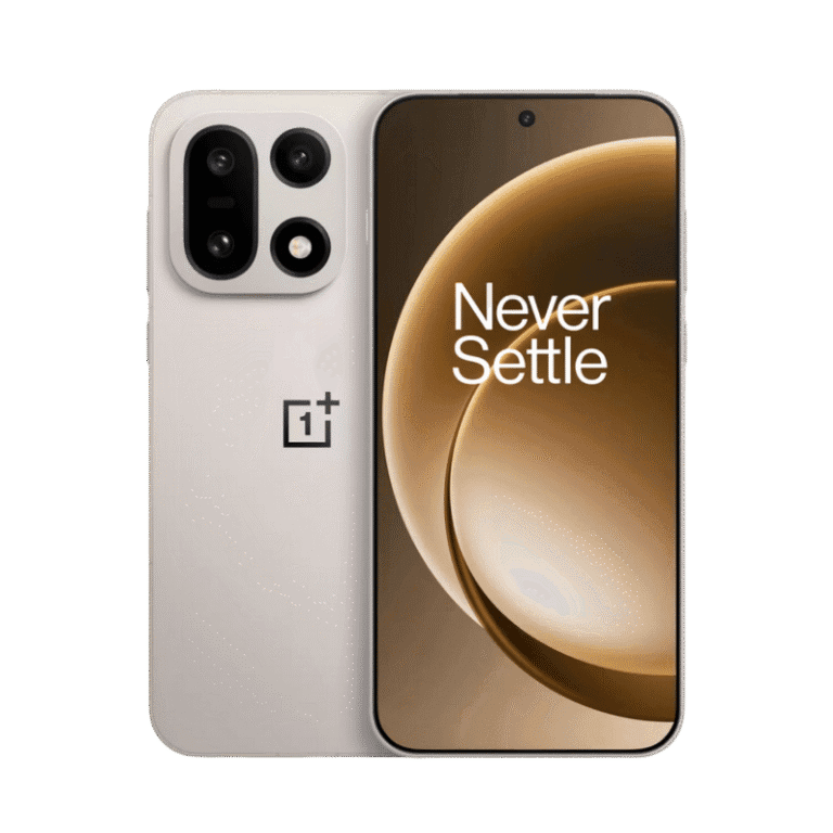Image of the OnePlus 15, featuring a unique camera array and the "Never Settle" slogan on the screen.