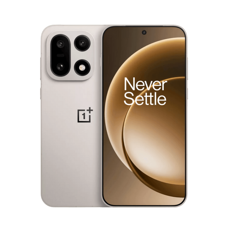 OnePlus 15 Image of the OnePlus 15, featuring a unique camera array and the "Never Settle" slogan on the screen.