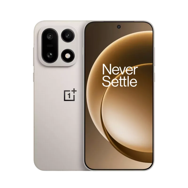 OnePlus 15 Image of the OnePlus 15, featuring a unique camera array and the "Never Settle" slogan on the screen.