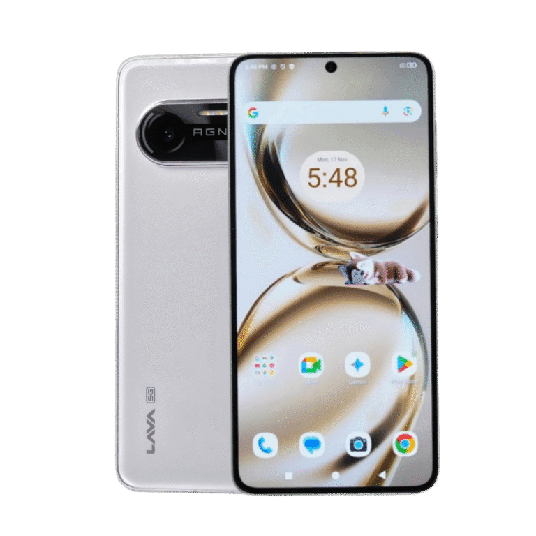 Image of the Lava Agni 4 smartphone, showing both the front screen and rear camera setup.