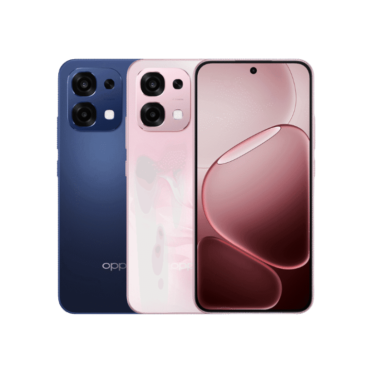 Oppo A6 Pro 5G in blue, pink, and with a display showing a flowing design.