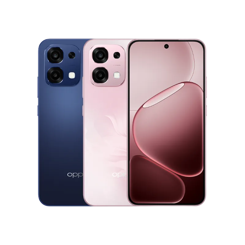 Oppo A6 Pro 5G in blue, pink, and with a display showing a flowing design.