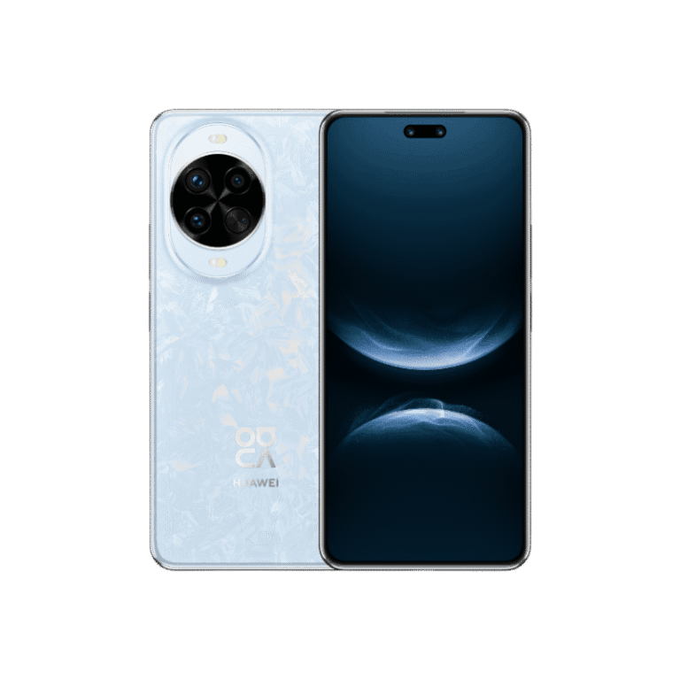 Huawei Nova 14 Pro smartphone with a pearlescent white back, quad-camera setup, and a sleek edge-to-edge display.