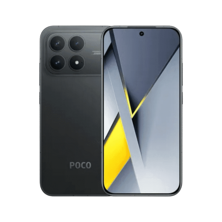 Front and back view of the POCO F8 Pro in black, highlighting its display with a punch-hole camera and the rear quad-camera arrangement.