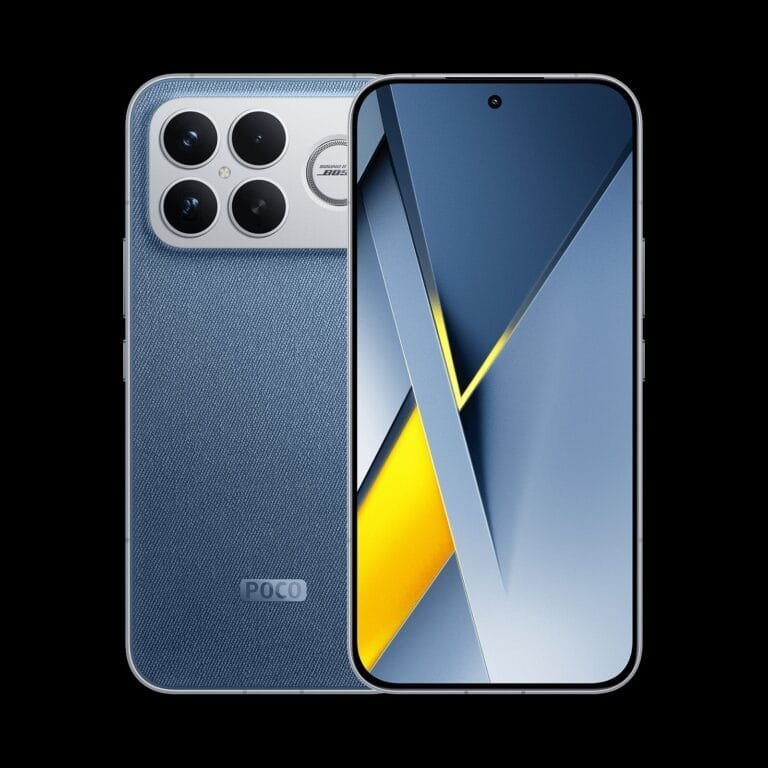 Front and back view of the POCO F8 Ultra showing its denim-like rear panel, quad-camera module designed with BIDS, and the front display with a punch-hole camera.