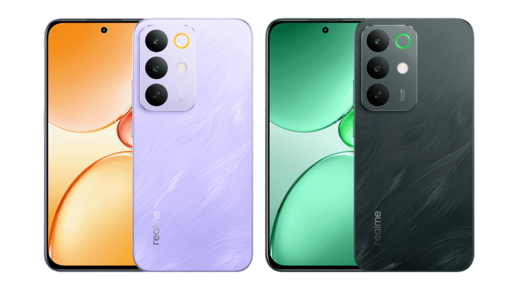 Image showcasing the Realme C85 series in two color variants: Parrot Purple and Peacock Green, highlighting the design.