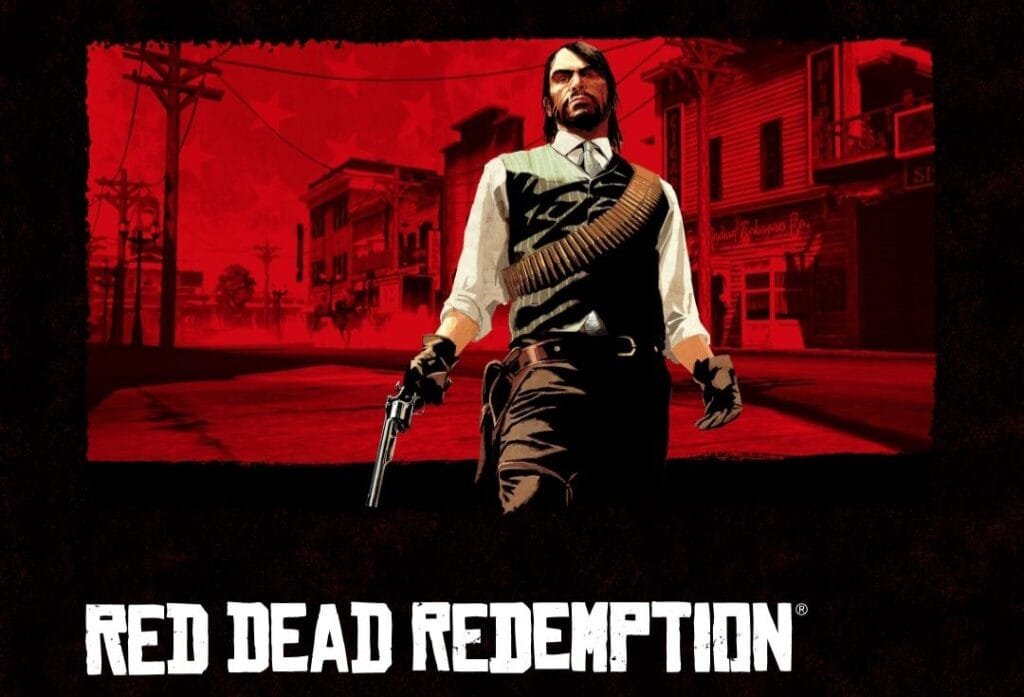 Cover art for Red Dead Redemption. A man with long hair and a vest holds a revolver in a vintage Western town, bathed in red light.