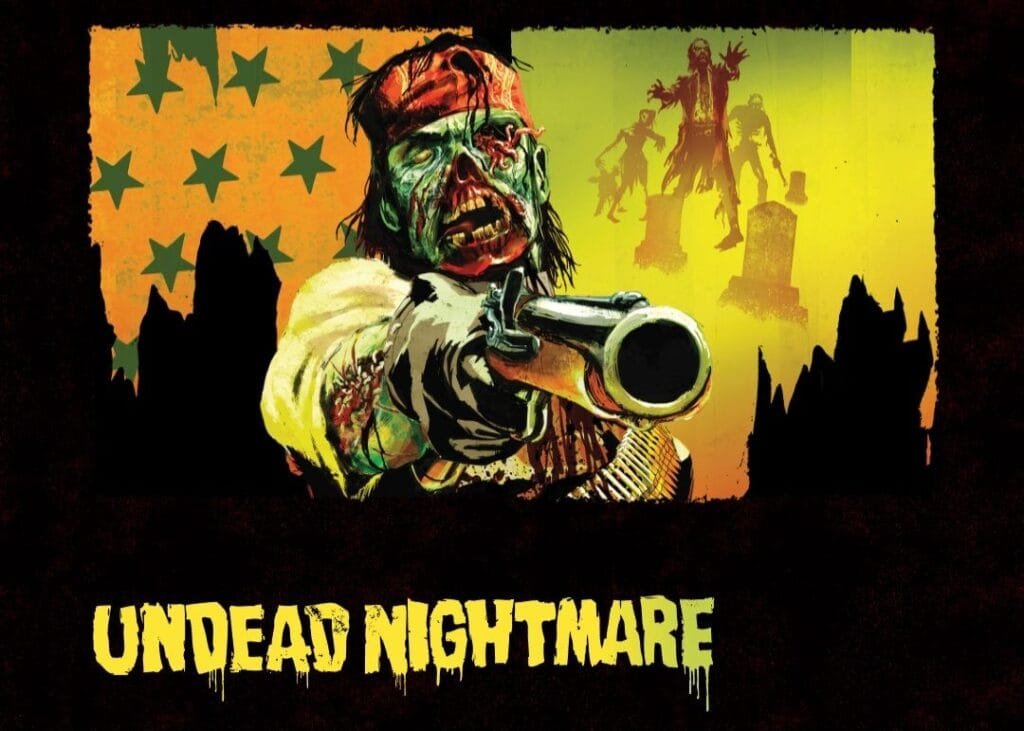 Cover for Red Dead Redemption: Undead Nightmare. A zombified cowboy aims a gun, with a zombie horde and graveyard in the background.