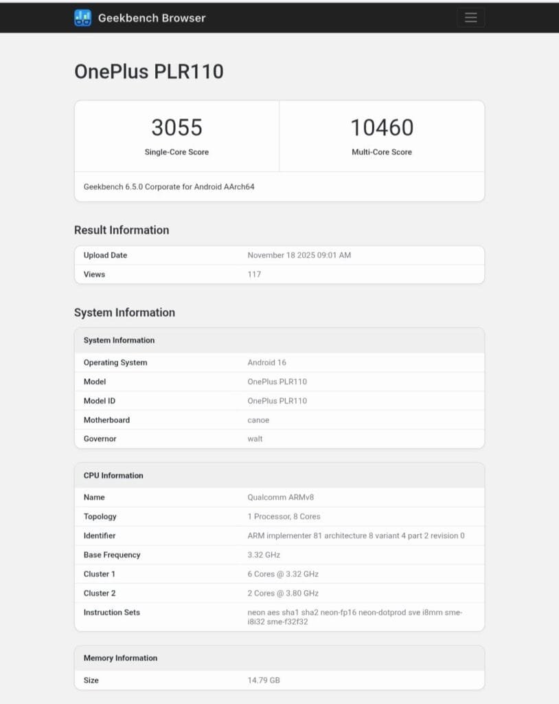 OnePlus Ace 6T Spotted on Geekbench with Snapdragon 8 Gen 5 – Pre-Orders Open Now! 1 Geekbench result for OnePlus PLR110 showing a single-core score of 3055 and a multi-core score of 10460.