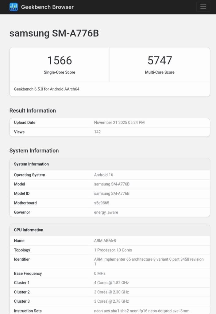 Geekbench score of the Samsung Galaxy A77 (SM-A776B), showing a single-core score of 1566 and a multi-core score of 5747.