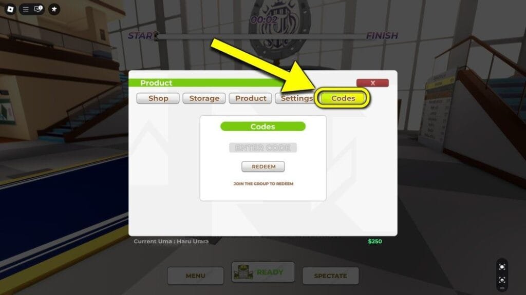 Screenshot of the Uma Racing code redemption interface within the Roblox game.