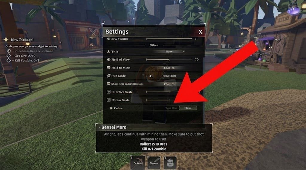 The Forge Roblox Active Codes and Redemption Guide (December 2025) 1 Screenshot from 'The Forge' showing the settings menu with a red arrow pointing to the 'Codes' section, highlighting the 'Type Here' field and 'Claim' button.