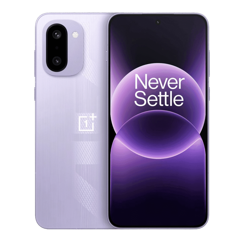 Image of the OnePlus Ace 6T smartphone, showing the back with a dual-camera setup and the front screen displaying the "Never Settle" slogan.