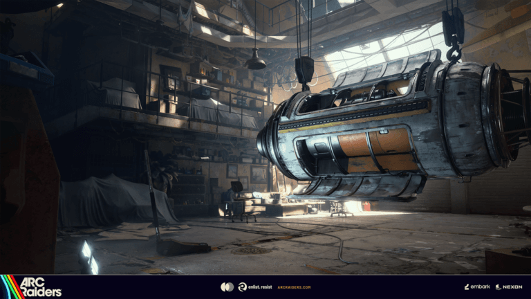 Arc Raiders Players Furious Over Expedition Bonuses Tied to Stash Value Concept art from Arc Raiders showing a large, cylindrical spaceship-like object suspended in a cluttered workshop.