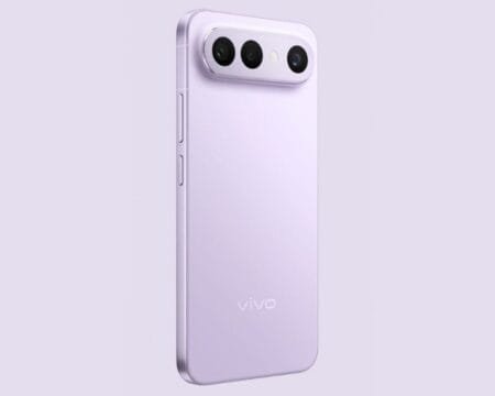 Close-up of the back of a Vivo S50 Pro Mini, showcasing its triple-camera setup and minimalist design in lavender.