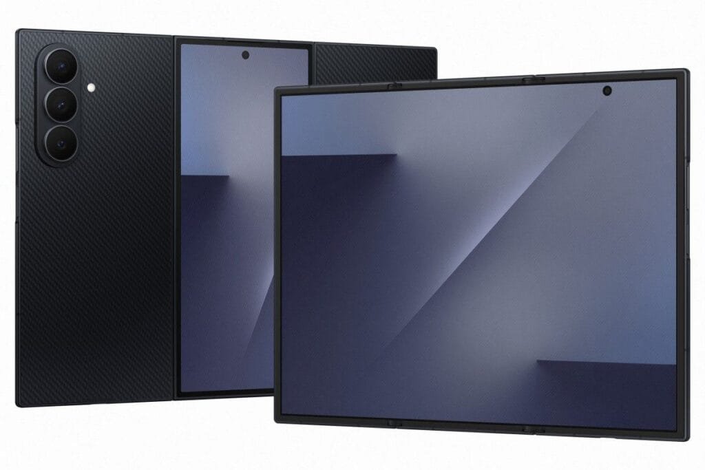 Image of the Samsung Galaxy Z TriFold, a foldable device with three sections, fully unfolded. The screen displays a gradient pattern, and the left panel shows the triple-lens camera system.