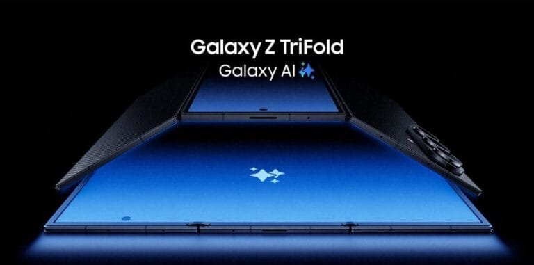 Samsung Unveils the Galaxy Z TriFold with Unique Folding Design Image of the Samsung Galaxy Z TriFold partially unfolded, displaying its large blue screen and carbon fiber-like texture on the outer panels. The 'Galaxy AI' logo is visible on the screen.
