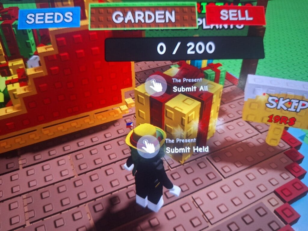 Screenshot from Grow a Garden showing a player interacting with 'The Present' to submit plants during the Christmas Harvest event.
