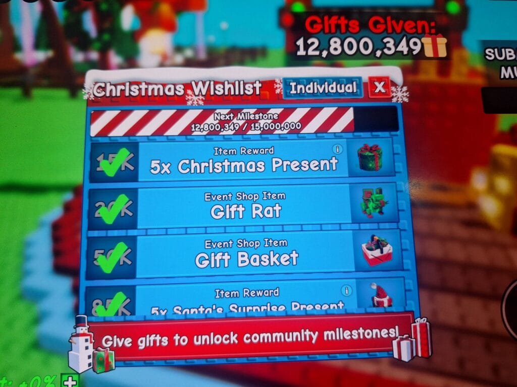 Screenshot from Grow a Garden showing the 'Christmas Wishlist' interface with community milestone rewards.