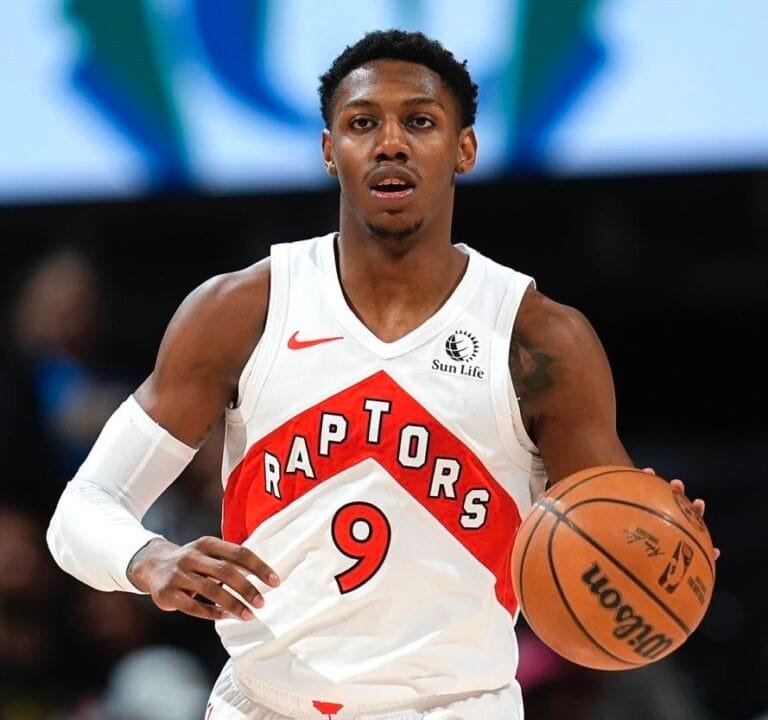 Raptors’ RJ Barrett Targets Return Following PRP Injection for Knee Injury RJ Barrett, Toronto Raptors player currently sidelined with a knee injury, in a game photo.