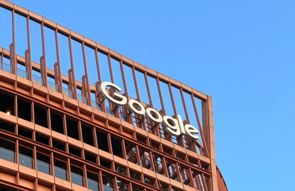 The Google logo on a building, illustrating the company's presence as it faces an EU antitrust probe.