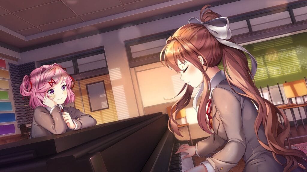Artwork from the mobile version of Doki Doki Literature Club. Monika is playing the piano with her eyes closed, while Natsuki sits nearby, smiling and watching her. The scene is set in a classroom with a piano, music notes on the chalkboard, and warm lighting.
