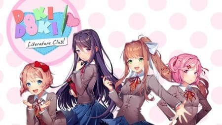 Artwork for Doki Doki Literature Club. Four anime-style girls (Sayori, Yuri, Monika, Natsuki) stand in front of a pink and white polka-dot background with the game's logo at the top left.