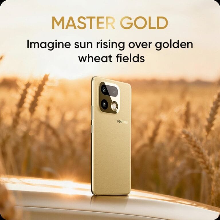 Realme 16 Pro and Pro+ – Complete Design Revealed, Plus Color Options A Realme 16 Pro phone in Master Gold color is displayed against a backdrop of golden wheat fields under a rising sun. The phone features a unique camera module design and a metallic finish. The background evokes a sense of warmth and richness, complementing the phone's color.