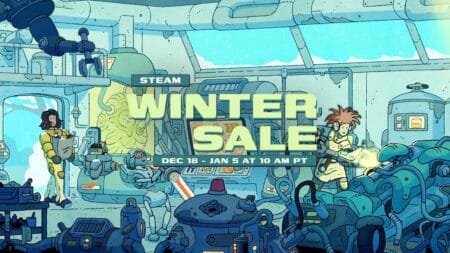 Promotional graphic for the Steam Winter Sale 2025, featuring a retro hand-drawn sci-fi style illustration of a cluttered workshop with characters, robots, and machinery. Large yellow text reads 'STEAM WINTER SALE,' with smaller text below stating 'DEC 18 - JAN 5 AT 10 AM PT' and 'STEAM' in the top left corner.